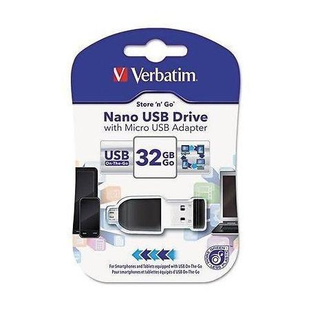 49822 VERBATIM PENDRIVE NANO ON-THE-GO 32GB USB 2.0 OTG CON ADAPTADOR MICRO USB NEGRO