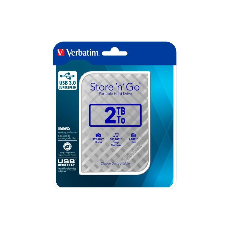 53198 VERBATIM DISCO DURO PORTÁTIL STORE 'N' GO 2TB HDD 2.5" USB 3.0 PLATA