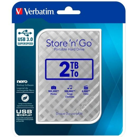 53198 VERBATIM DISCO DURO PORTÁTIL STORE 'N' GO 2TB HDD 2.5" USB 3.0 PLATA