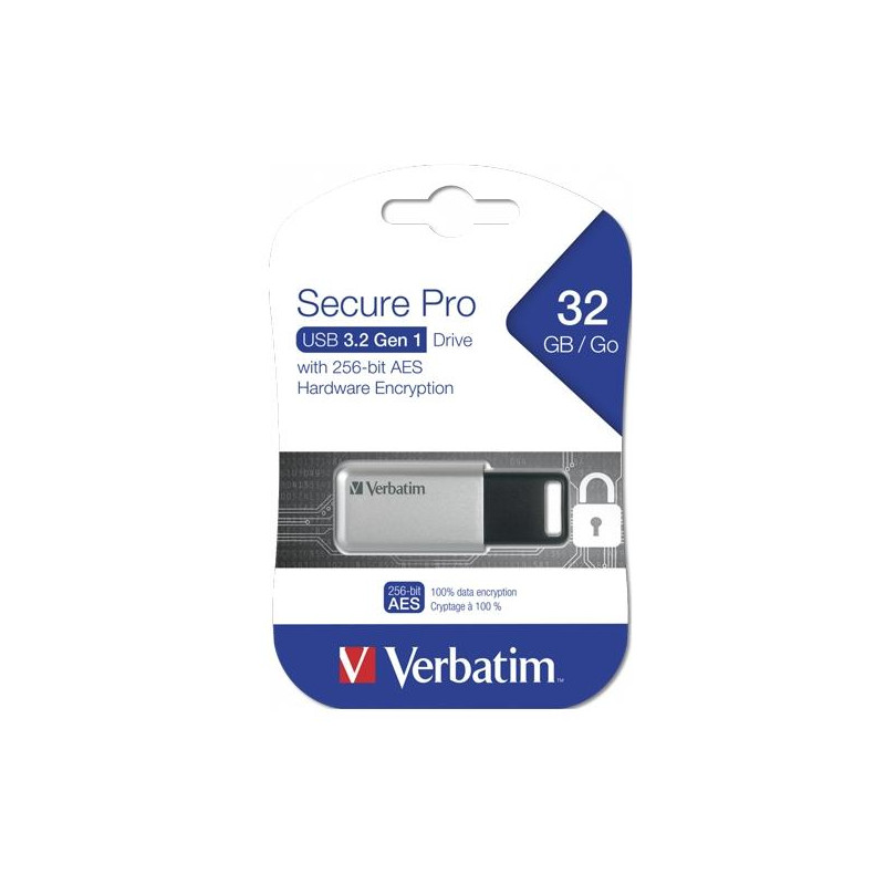 98665 VERBATIM PENDRIVE SECURE PRO 32GB RETRÁCTIL USB 3.2 HARDWARE ENCRYPTION PLATA