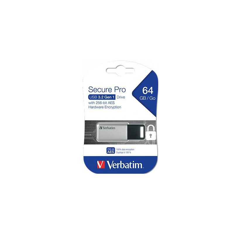 98666 VERBATIM PENDRIVE SECURE PRO 64GB RETRÁCTIL USB 3.2 HARDWARE ENCRYPTION PLATA