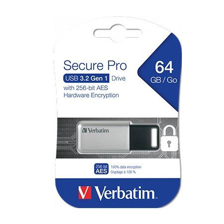 98666 VERBATIM PENDRIVE SECURE PRO 64GB RETRÁCTIL USB 3.2 HARDWARE ENCRYPTION PLATA