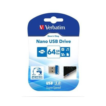 98711 VERBATIM PENDRIVE NANO STORE'N'STAY 64GB SUPER SPEED USB 3.0 AZUL