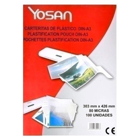 0101DOFO/100R/T1507 YOSAN FUNDAS DE PLASTIFICAR 2X80 MICRAS A3 BRILLO CAJA 100 UD TRANSPARENTE