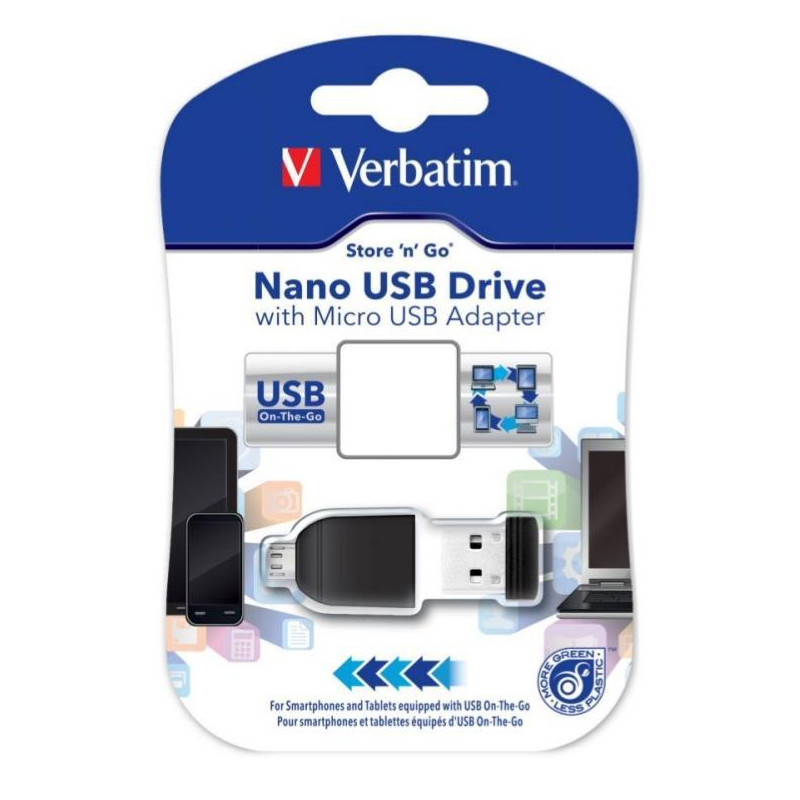 49821 VERBATIM PENDRIVE NANO ON-THE-GO 16GB USB 2.0 OTG CON ADAPTADOR MICRO USB NEGRO