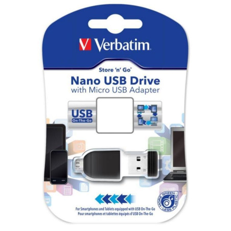 49821 VERBATIM PENDRIVE NANO ON-THE-GO 16GB USB 2.0 OTG CON ADAPTADOR MICRO USB NEGRO