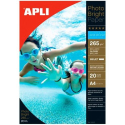 10123 APLI PAPEL FOTOGRÁFICO PROFESIONAL PHOTO BRIGHT A4 265GR INKJET RESISTENTE AL AGUA PAQUETE 20H BLANCO BRILLO