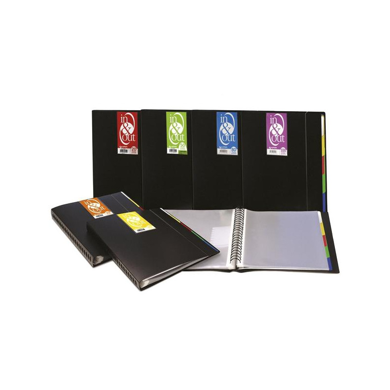39405010 GRAFOPLÁS CARPETA 50 FUNDAS ESPIRAL A4 EXTRAÍBLES CALIDAD EXTRA 5 SEPARADORES PP RÍGIDO OPACO IN & OUT NEGRO