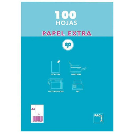21813 PACSA PAQUETE PAPEL EXTRA 100H A4 80GR 4X4MM SIN TALADROS RETRACTILADO BLANCO