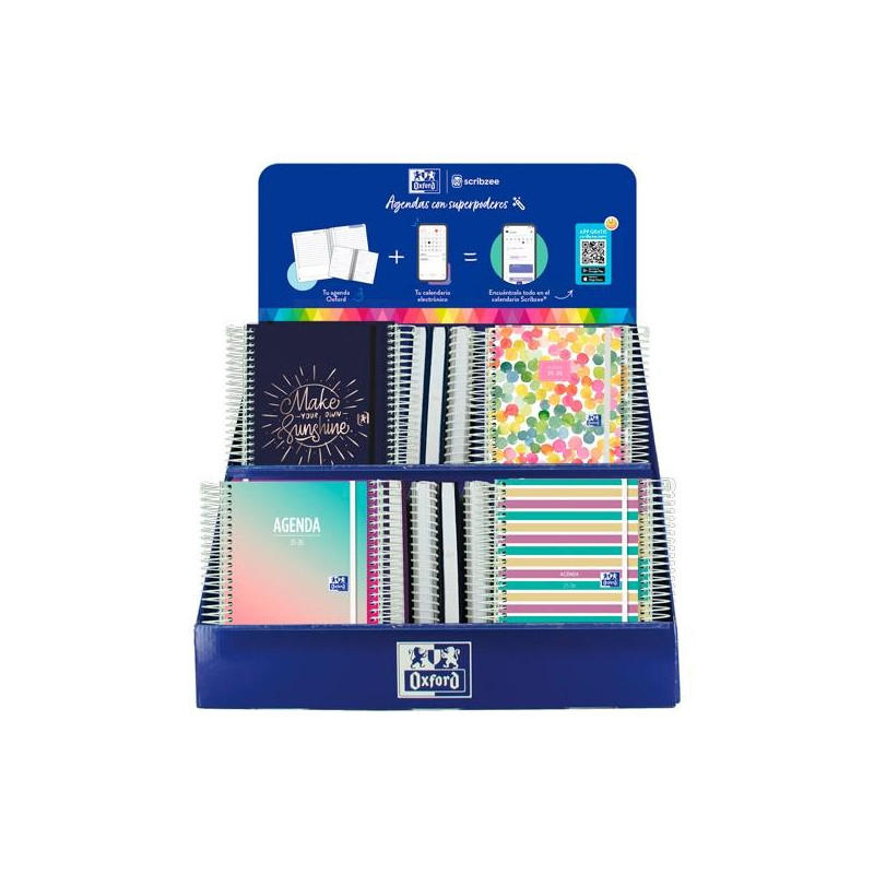 400196671 OXFORD AGENDA ESCOLAR ESPIRAL C/SURTIDOS 2025-2026 CASTELLANO EXPOSITOR DISEÑO 38 UD