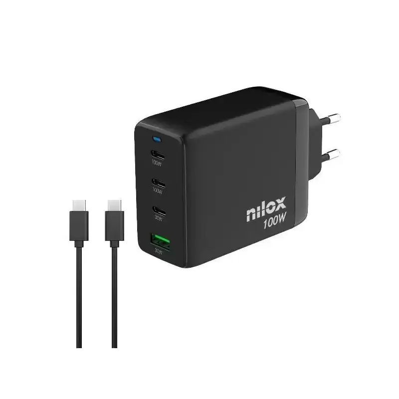 NXGANUSBC100 NILOX CARGADOR UNIVERSAL GAN 100W 4 PUERTOS Y CABLE USB-C A ESB-C DE 2 METROS NEGRO