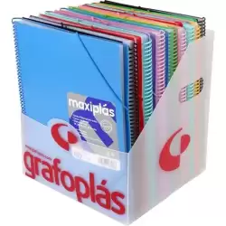 00398101 GRAFOPLÁS CARPETA CON FUNDAS MAXIPLÁS SURTIDAS ESPIRAL A4 C/SOBRE PP RÍGIDO OPACO C/SURTIDOS EXPOSITOR 16 UD