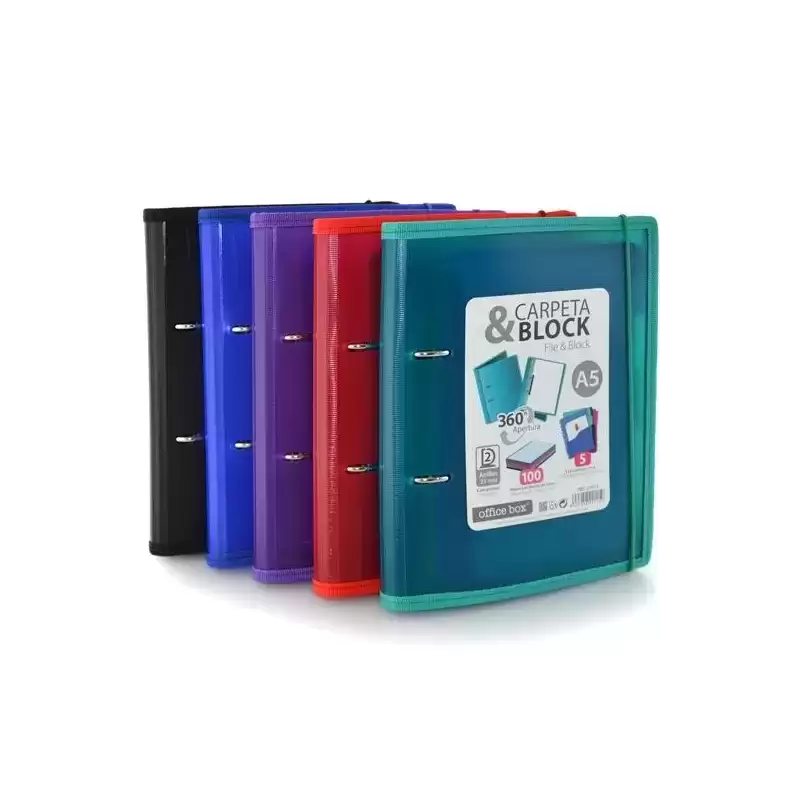 21015 OFFICE BOX CARPETA & BLOCK SUPRA ANILLAS D 2X25MM A5 100H CIERRE C/GOMA TAPA PP COLORES SURTIDOS