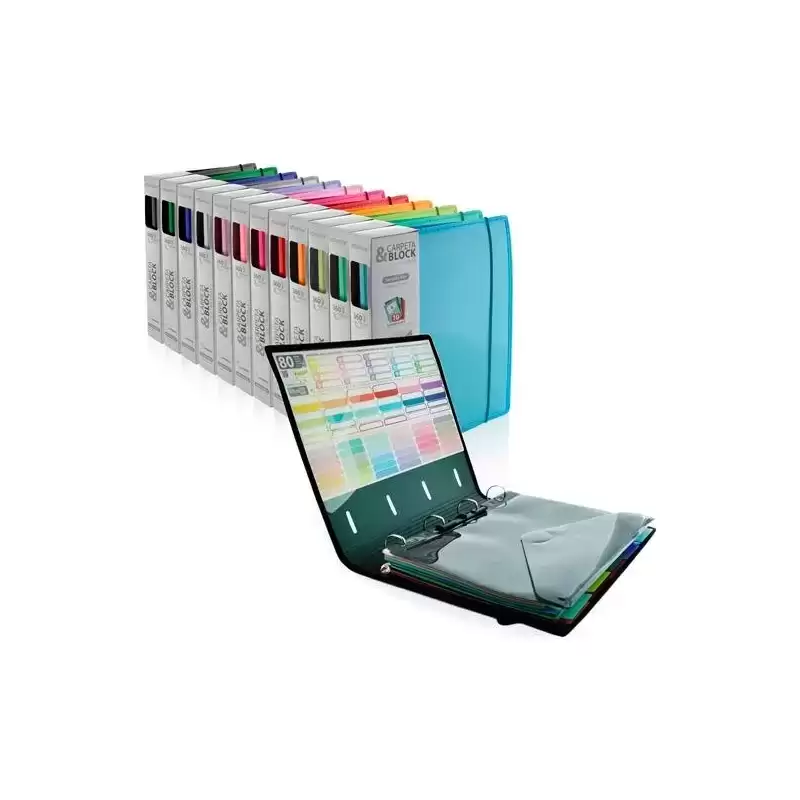 43211 OFFICE BOX CARPETA & BLOCK COLORLINE ANILLAS D 4X32MM A4+ 100H 5X5 CIERRE C/GOMA TAPA PP COLORES SURTIDOS