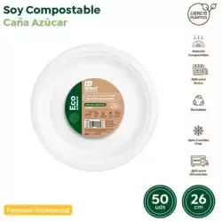 30502 MAXI PRODUCTS PLATO LLANO COMPOSTABLE Ø26CM CAÑA DE AZÚCAR BLANCO PACK 50 UD
