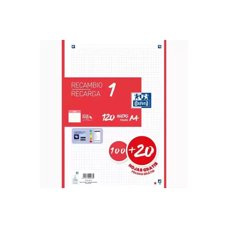 400158162 OXFORD RECAMBIO CLASSIC 120 HOJAS A4 SUELTAS 90GR 5X5MM 4 TALADROS 1 BANDA COLOR ROJO