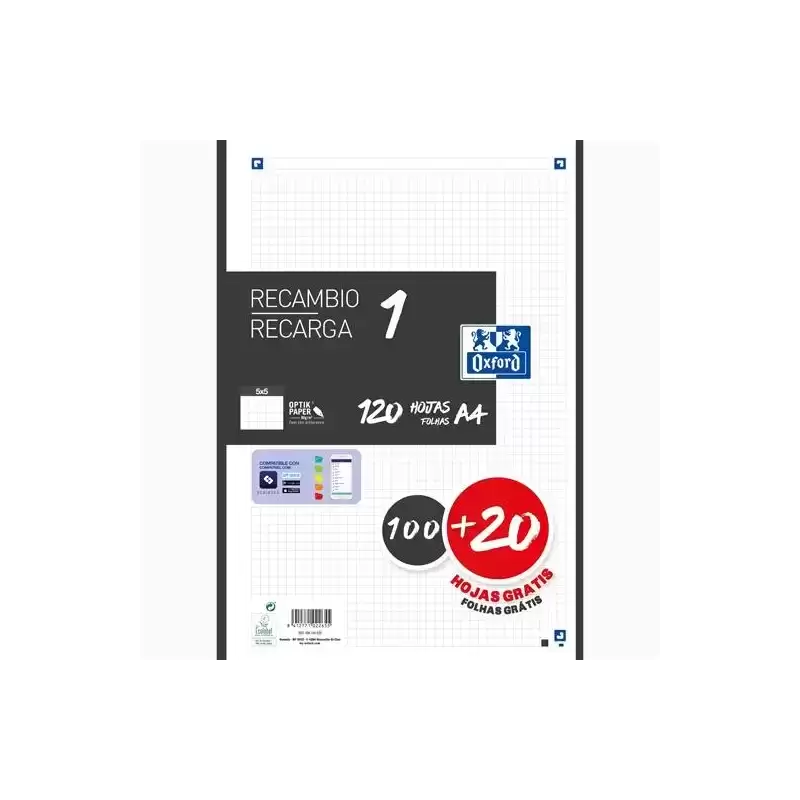 400158165 OXFORD RECAMBIO CLASSIC 120 HOJAS A4 SUELTAS 90GR 5X5MM 4 TALADROS 1 BANDA COLOR NEGRO