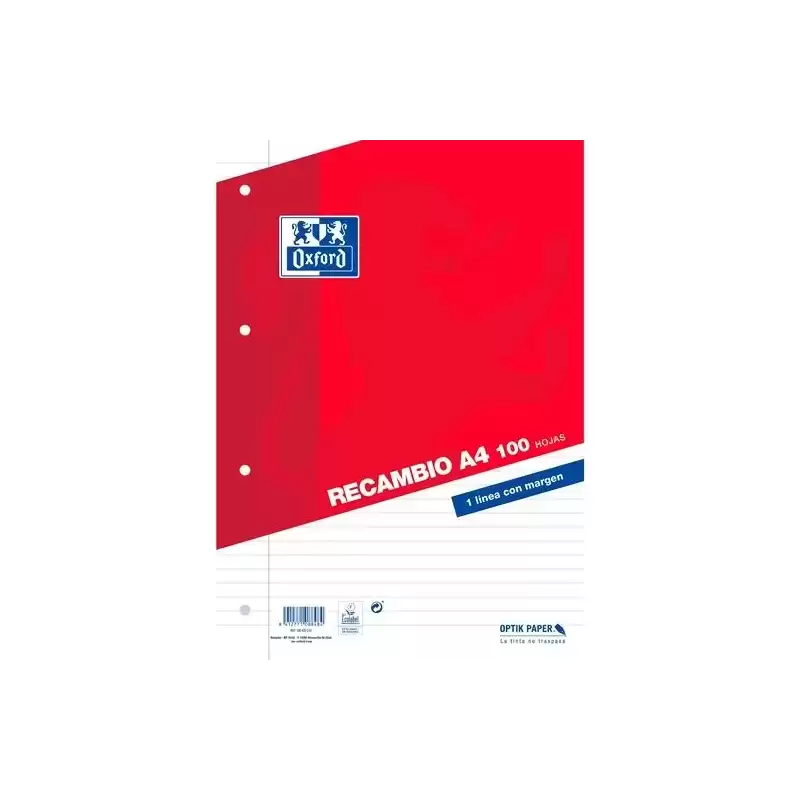 400173743 OXFORD RECAMBIO CLASSIC 100H A4 SUELTAS 1 LÍNEA C/MARGEN 4 TALADROS ROJO
