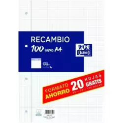 400195058 OXFORD RECAMBIO CLASSIC 80H + 20H GRATIS A4 C/ MARGEN 90GR 4X4MM 4 TALADROS