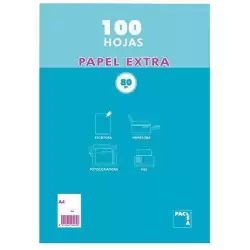 21813 PACSA PAQUETE PAPEL EXTRA 100H A4 80GR 4X4MM SIN TALADROS RETRACTILADO BLANCO