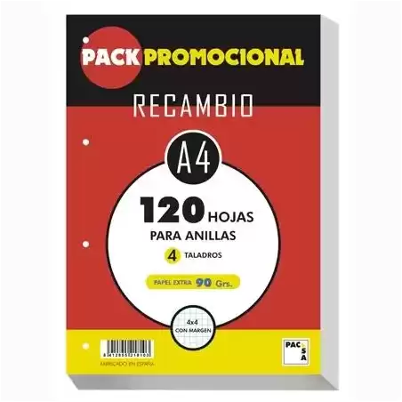 21810 PACSA RECAMBIO 120H A4 90GR 4X4MM 4 TALADROS PAPEL EXTRA