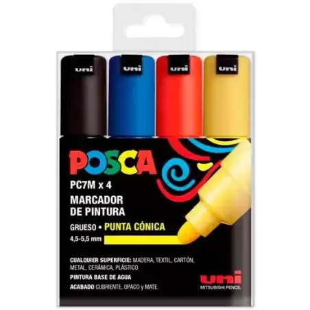 182634678 POSCA MARCADOR PC-7M/4C NO PERMANENTE PUNTA BISELADA 4.5-5.5MM COLORES SURTIDOS BASIC -ESTUCHE 4U-