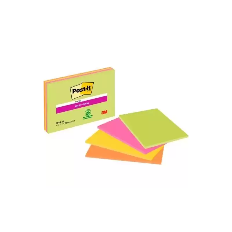 7100234637 POST-IT BLOC NOTAS PARA REUNIONES SUPER STICKY BLOC 45H 203X152MM C/SURTIDOS NEÓN PACK 4 UD