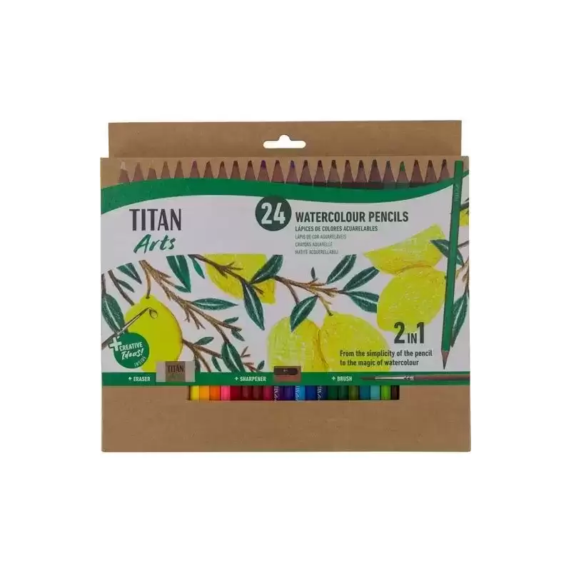 130120024 TITAN ARTS LÁPICES DE COLORES ACUARELABLES SURTIDOS ESTUCHE 24 UD + PINCEL + GOMA + SACAPUNTAS