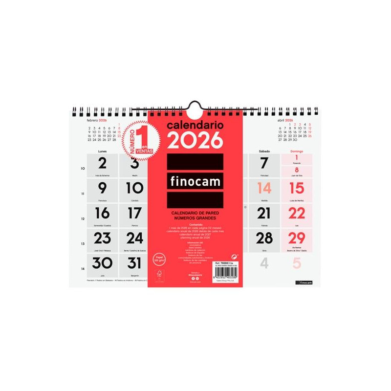 780000026 FINOCAM CALENDARIO DE PARED NÚMEROS GRANDES M-300X210MM MV NEUTRO 2026