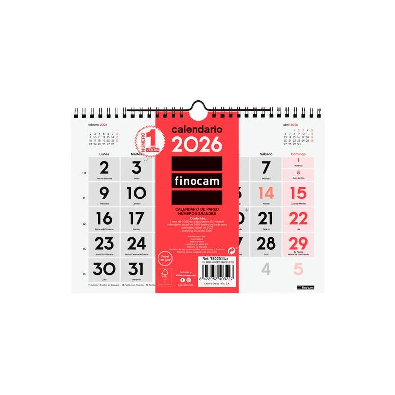 780200026 FINOCAM CALENDARIO DE PARED NÚMEROS GRANDES S-210X150MM MV NEUTRO 2026