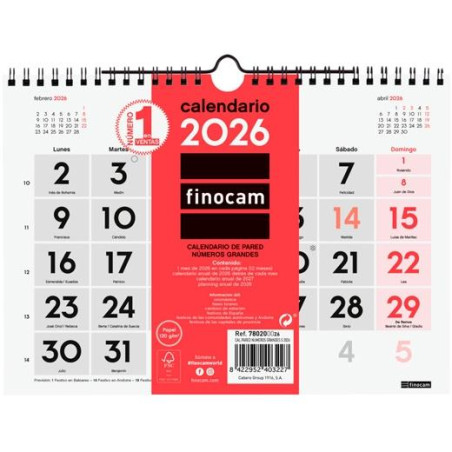 780200026 FINOCAM CALENDARIO DE PARED NÚMEROS GRANDES S-210X150MM MV NEUTRO 2026