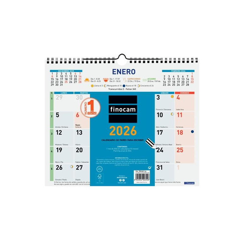 781420026 FINOCAM CALENDARIO DE PARED NÚMEROS GRANDES M-300X247MM MV COLOR 2026