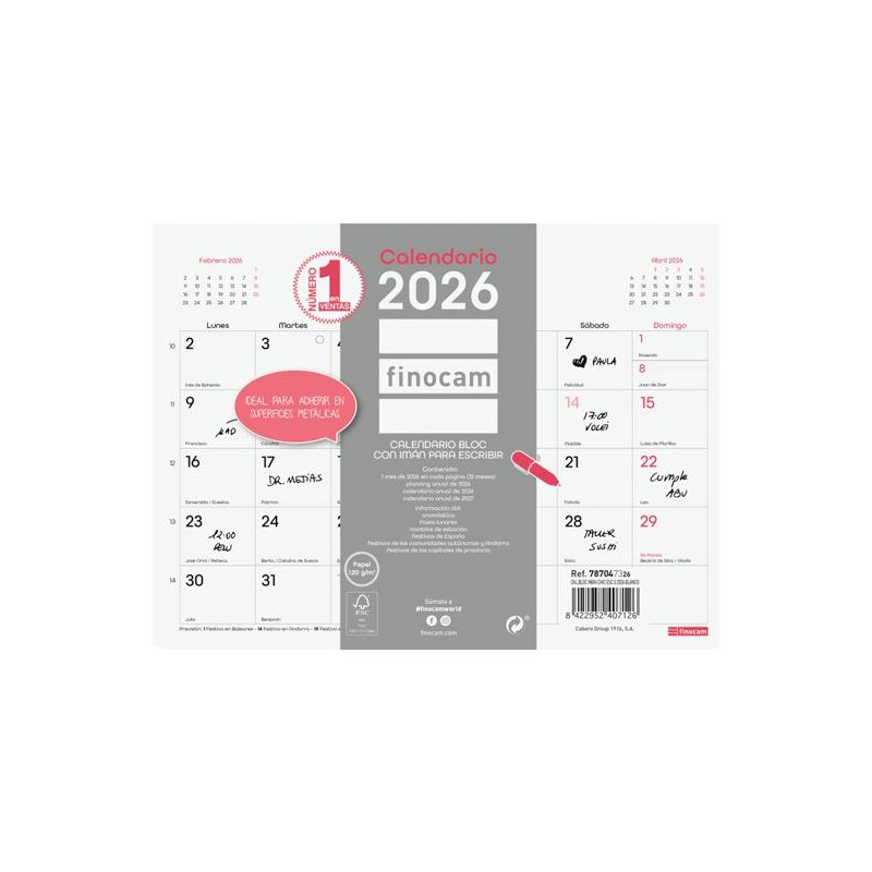 787047326 FINOCAM CALENDARIO BLOC CON IMÁN PARA ESCRIBIR S-210X150MM MV CHIC BLANCO 2026