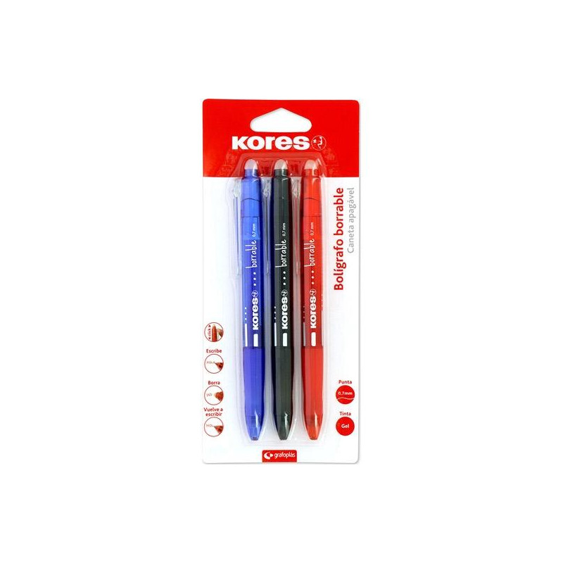 30213299 KORES BOLÍGRAFO TINTA BORRABLE GEL POINT 0.7MM C/SURTIDOS BLÍSTER 3 UD