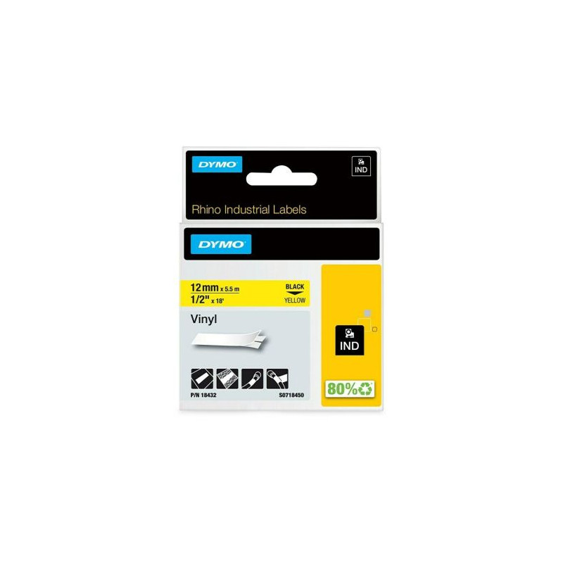 Cinta de Etiquetas Industrial DYMO 12mm x 5.5 m Vinilo Negro sobre Amarillo - S0718450