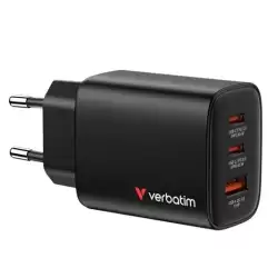 32352 VERBATIM CARGADOR PARED GAN ESSENTIALS  65W 2XUSB-C 3.0 Y 1XUSB-A NEGRO