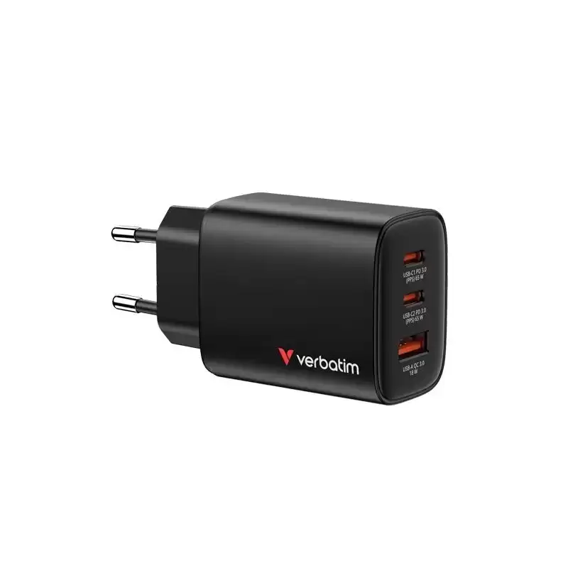 32352 VERBATIM CARGADOR PARED GAN ESSENTIALS  65W 2XUSB-C 3.0 Y 1XUSB-A NEGRO