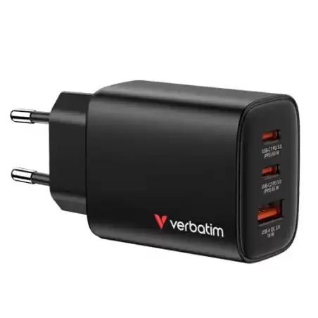 32352 VERBATIM CARGADOR PARED GAN ESSENTIALS  65W 2XUSB-C 3.0 Y 1XUSB-A NEGRO