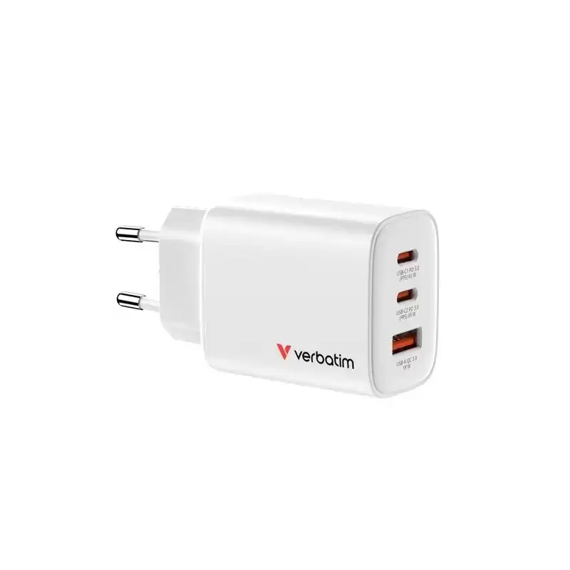 32353 VERBATIM CARGADOR PARED GAN ESSENTIALS  65W 2XUSB-C 3.0 Y 1XUSB-A BLANCO