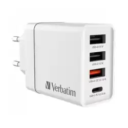 49701 VERBATIM CARGADOR PARED GAN 30W 1XUSB-C PD/1XUSB-A 3.0/2XUSB-A