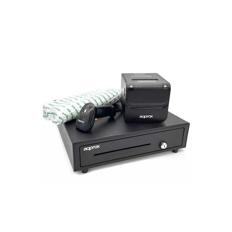 APPPOSPACK4180 AQPROX KIT TPV CAJON PORTAMONEDAS NEGRO + LECTOR/SCANNER + IMPRESORA TERMICA + PACK ROLLOS PAPEL
