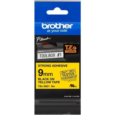 TZES621 BROTHER CINTA ROTULADORA LAMINADA SUPER ADHESIVA TEXTO NEGRO SOBRE AMARILLO - 9MMX8M