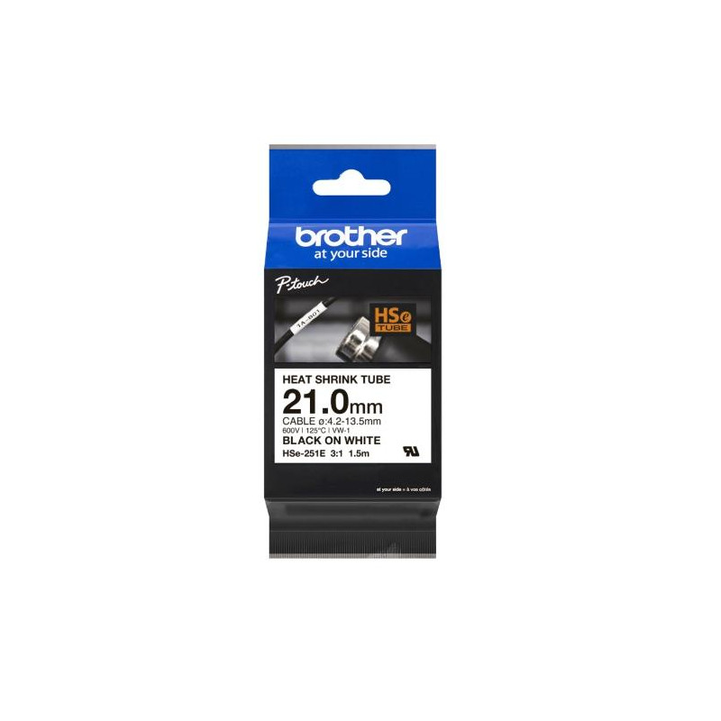 HSE251E BROTHER CINTA TUBO TERMORETRÁCTIL TEXTO NEGRO SOBRE BLANCO 21MMX1