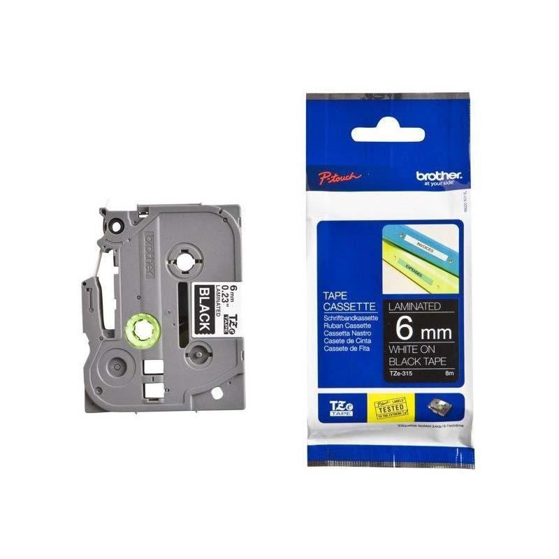 TZE315 BROTHER CINTA ROTULADORA LAMINADA TEXTO BLANCO SOBRE NEGRO - 6MMX8M