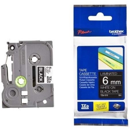 TZE315 BROTHER CINTA ROTULADORA LAMINADA TEXTO BLANCO SOBRE NEGRO - 6MMX8M