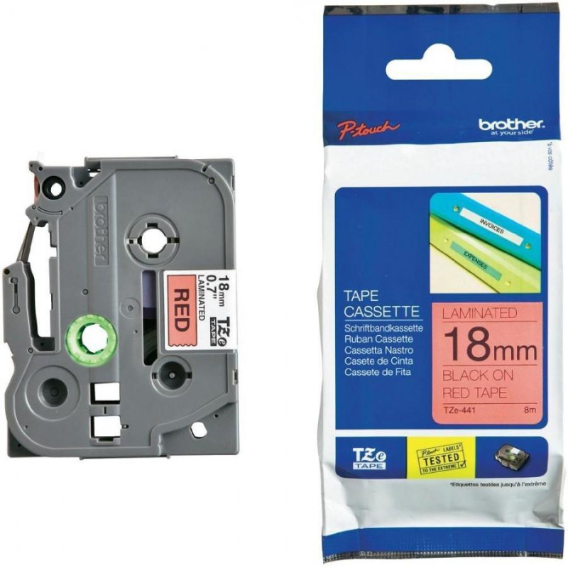 TZE441 BROTHER CINTA ROTULADORA LAMINADA TEXTO NEGRO SOBRE ROJO - 18MMX8M