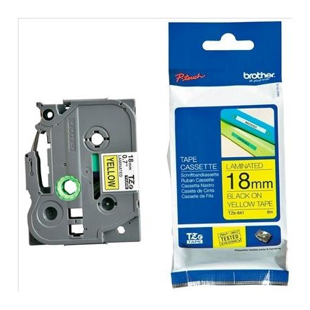 TZES641 BROTHER CINTA ROTULADORA LAMINADA SUPER ADESHIVA TEXTO NEGRO SOBRE AMARILLO - 18MMX8M