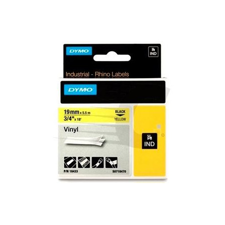 18433 DYMO RHINO CINTA DE ETIQUETAS INDUSTRIAL ADHESIVA ID1-19 - NEGRO SOBRE AMARILLO - 19MMX5´5M NYLON FLEXIBLE (S0718470)