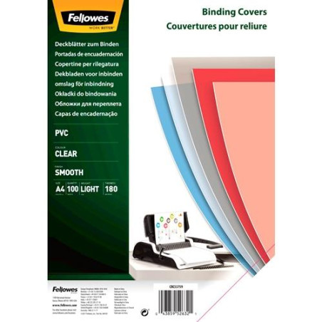 5375901 FELLOWES TAPAS ENCUADERNACIÓN A4 PVC 180 MICRAS TRANSPARENTE PACK 100 UD