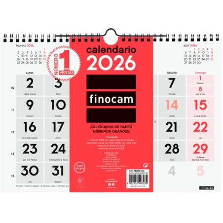 780000026 FINOCAM CALENDARIO DE PARED NÚMEROS GRANDES M-300X210MM MV NEUTRO 2026